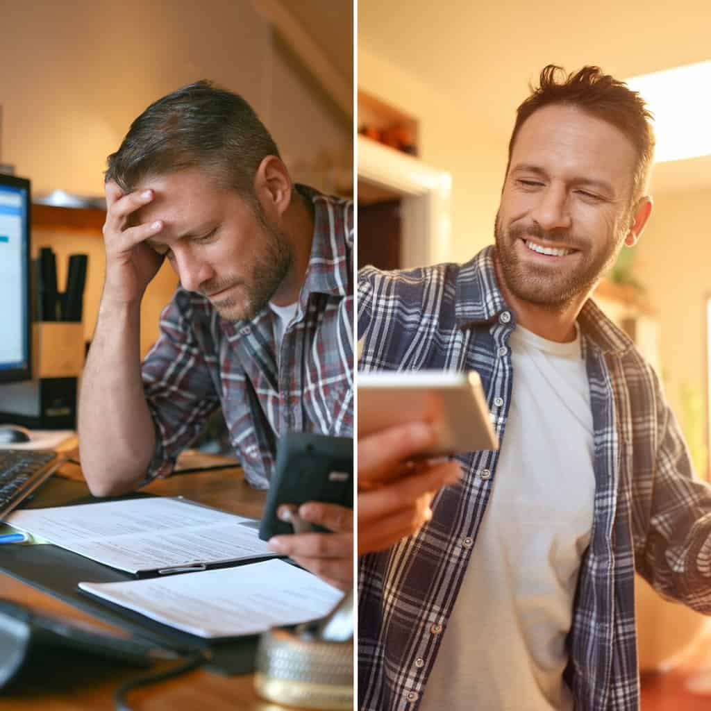 Before and after picture of a man working and stressed at a desk while is ringing and the after the same man is smiling and looking at his phone relieved that he as AI automation helping him answer phone calls for his business.