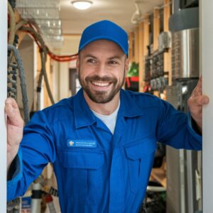 Man looking at camera smiling and wearing a blue service uniform.